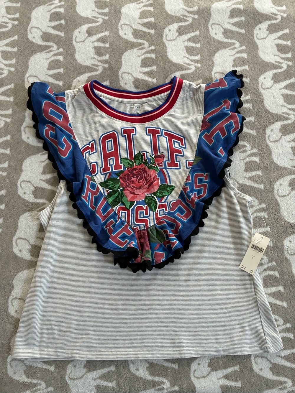 Maeve Blue & White Striped Floral Ruffle Tank